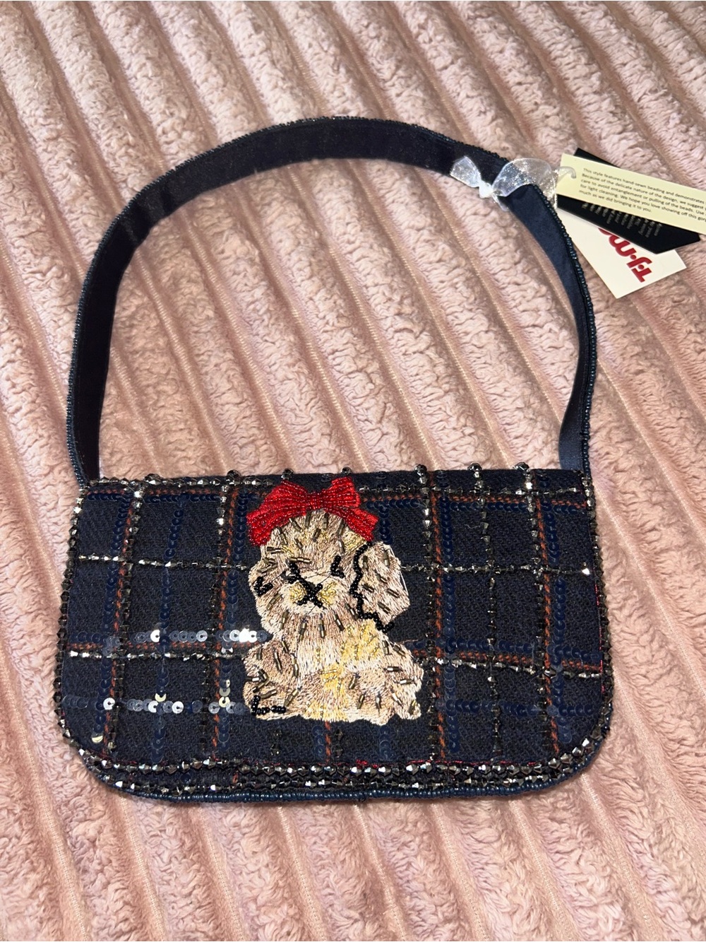 Navy Plaid Sequin shoulder Bag with Puppy Motif